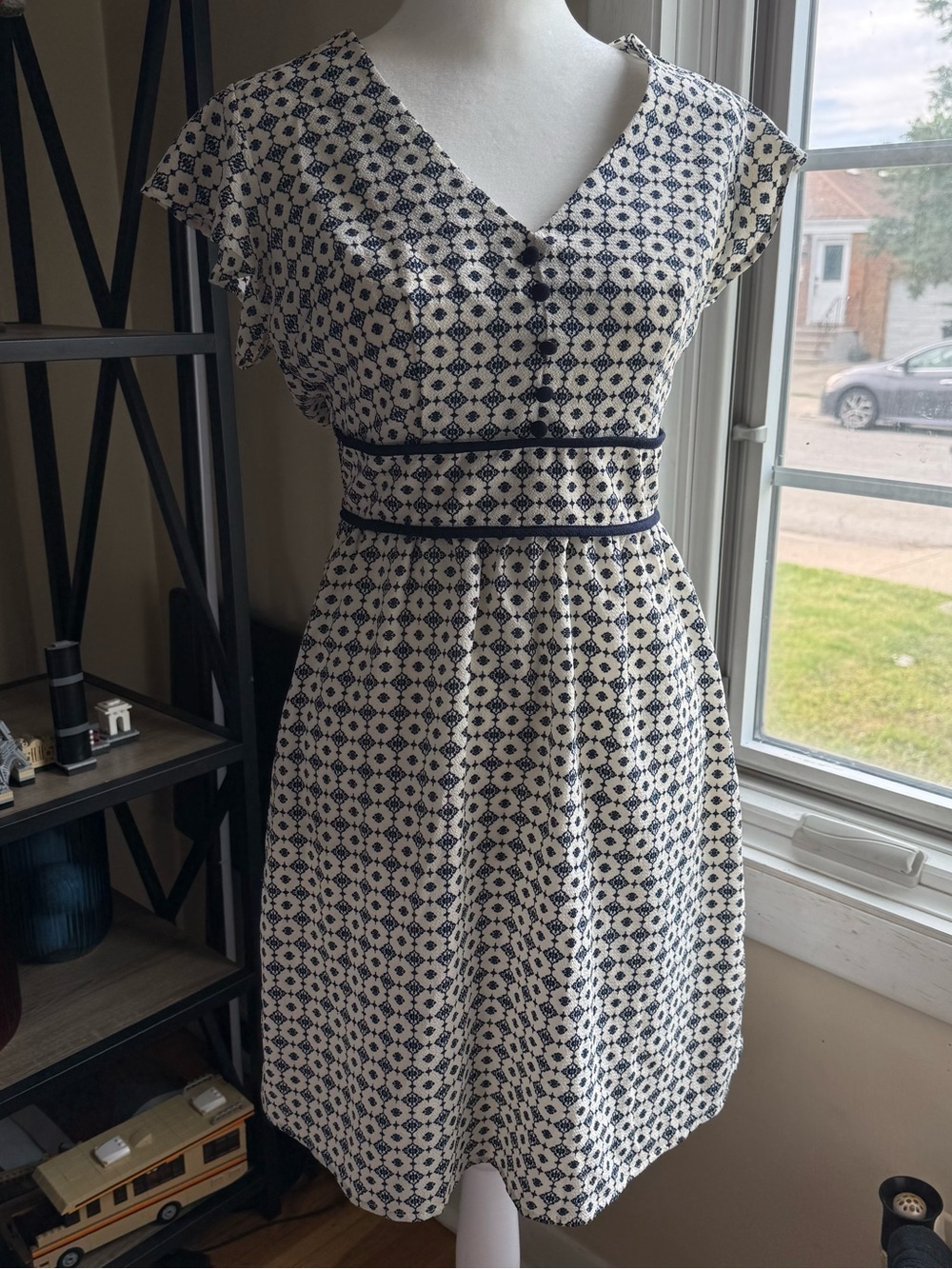 Monteau Cream and Navy Printed V-Neck Midi Dress